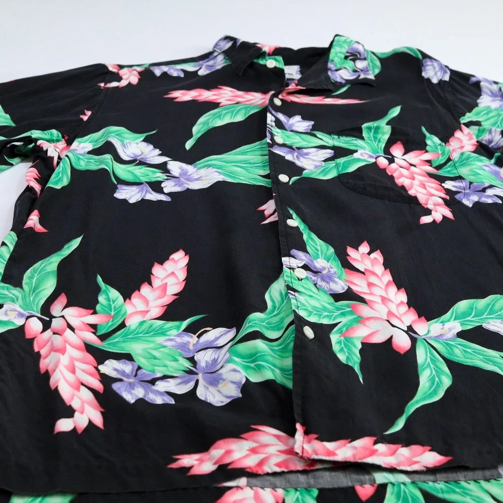 Vintage Reyn Spooner Hawaiian Shirt Mens L Black Floral Rayon Aloha Camp USA‎